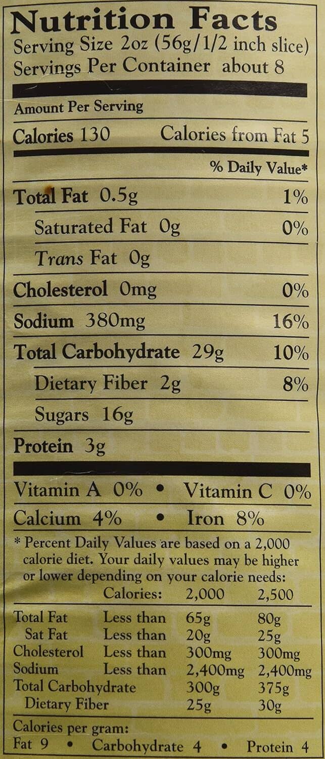 Nutrition Facts panel for brown bread raisin, serving size about 1 slice