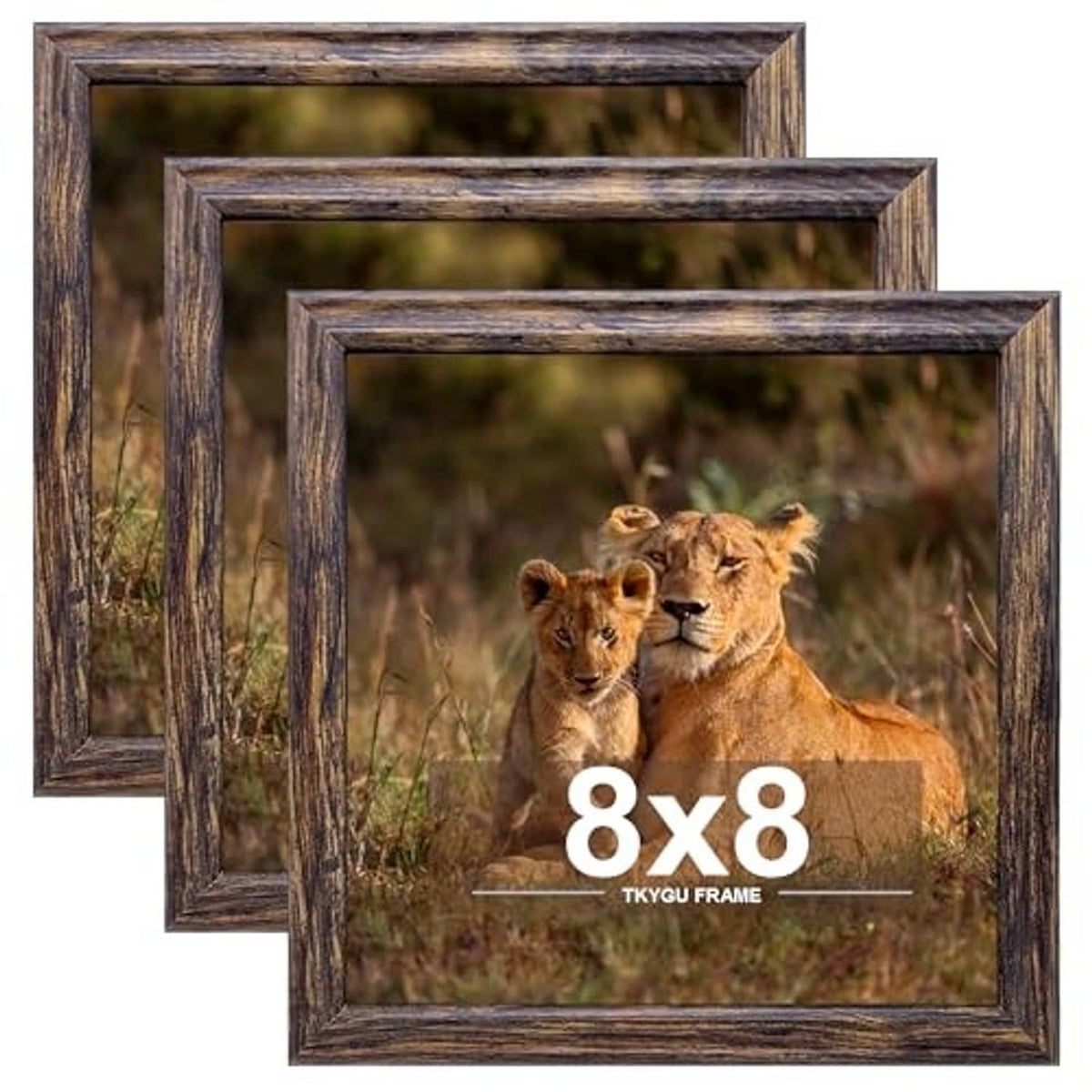 Three square 8x8 frames in rustic brown, shown front-facing and overlapping
