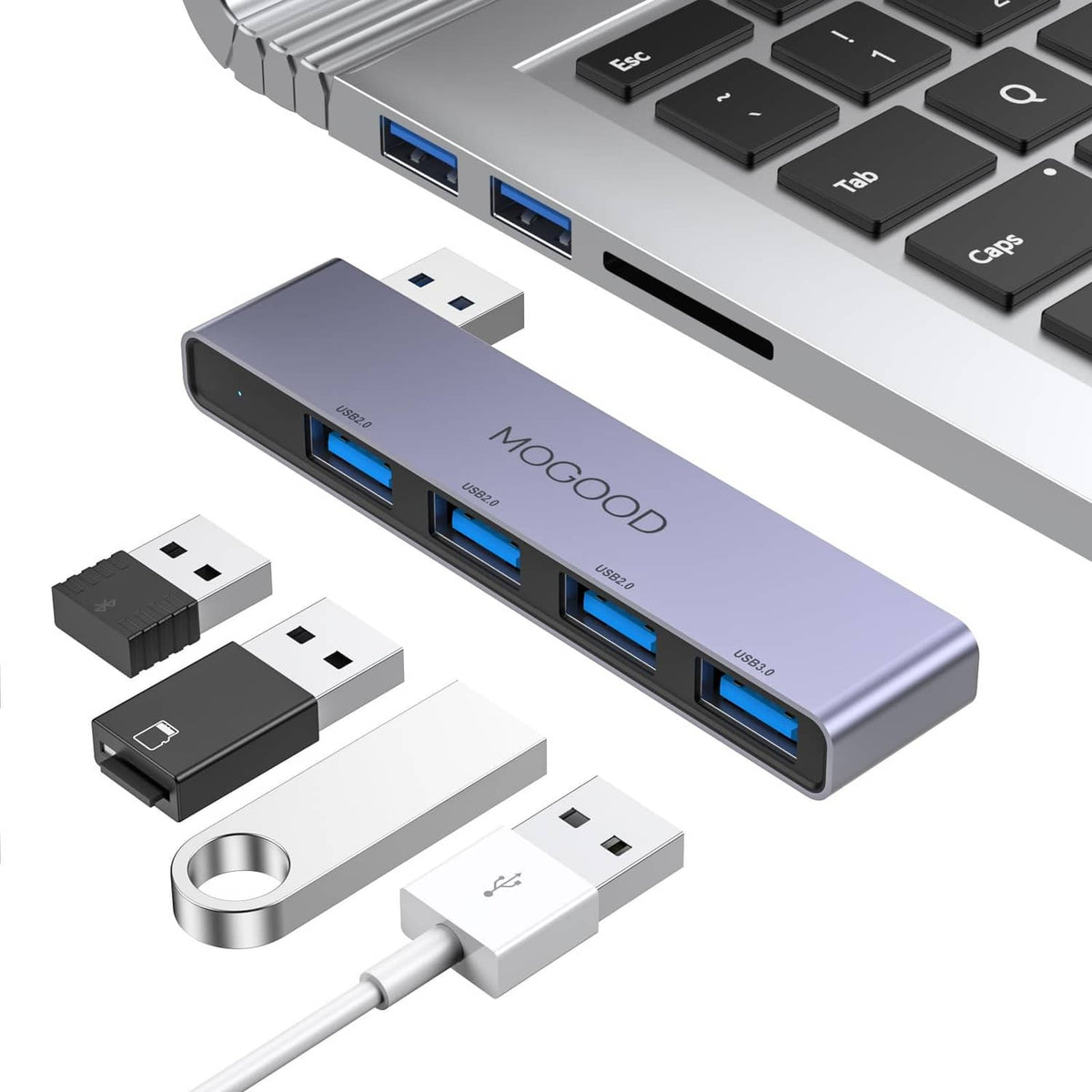 MOGOOD grey USB 3.0 hub with four blue USB ports and USB connector ends