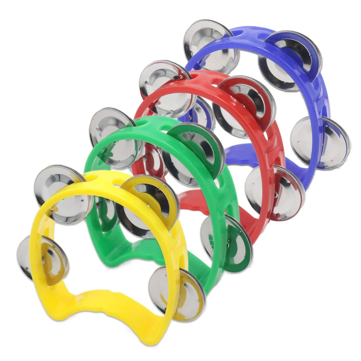 4-pack plastic handheld tambourines in blue, green, red, and yellow with metal jingles