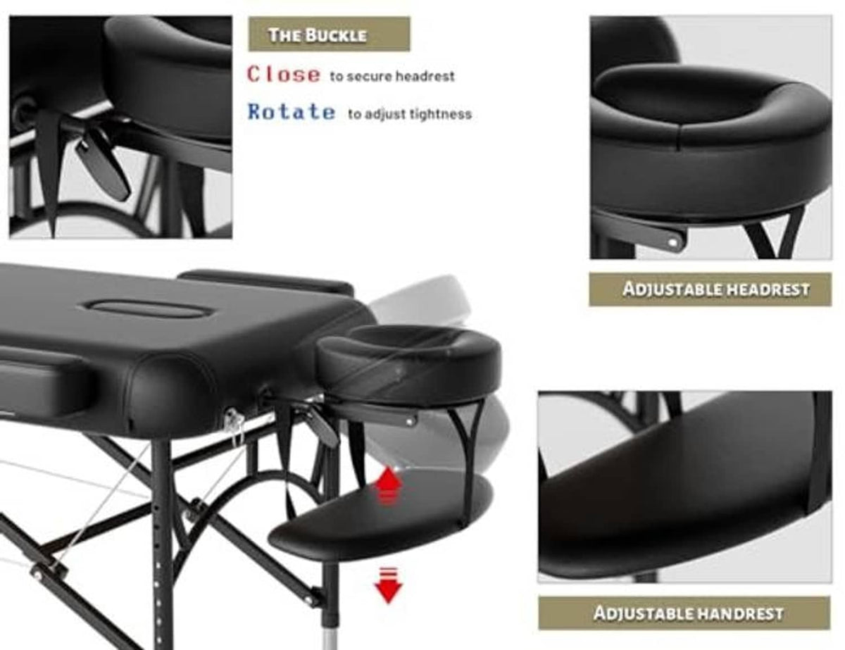 Massage table with adjustable headrest and handrest, black padded upholstery and buckle fastener