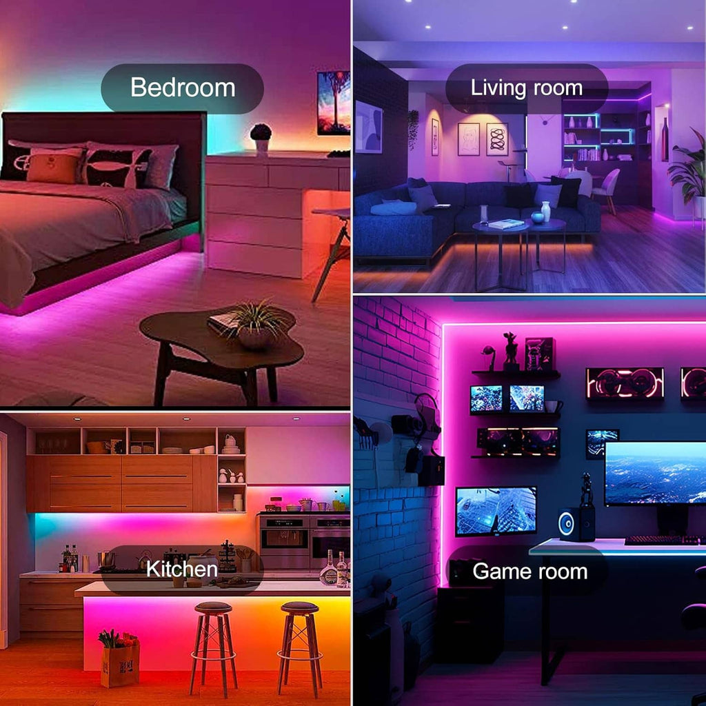 RGB LED strip lighting glow in multiple indoor spaces with multi-color scenes