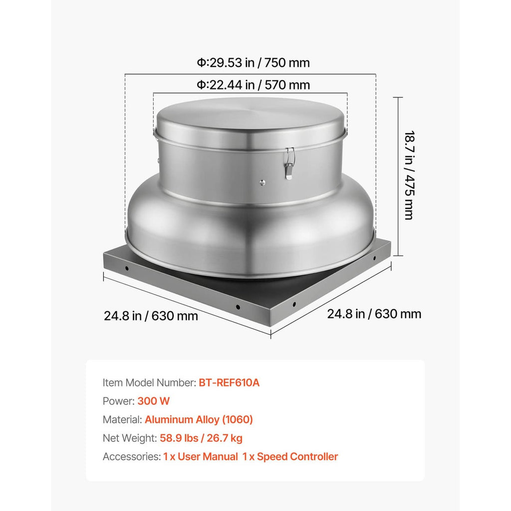 Roof exhaust fan size diagram showing round housing and square mounting plate
