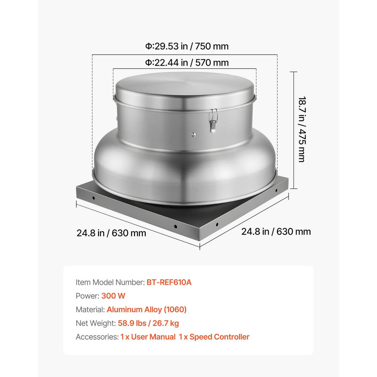 Roof exhaust fan size diagram showing round housing and square mounting plate