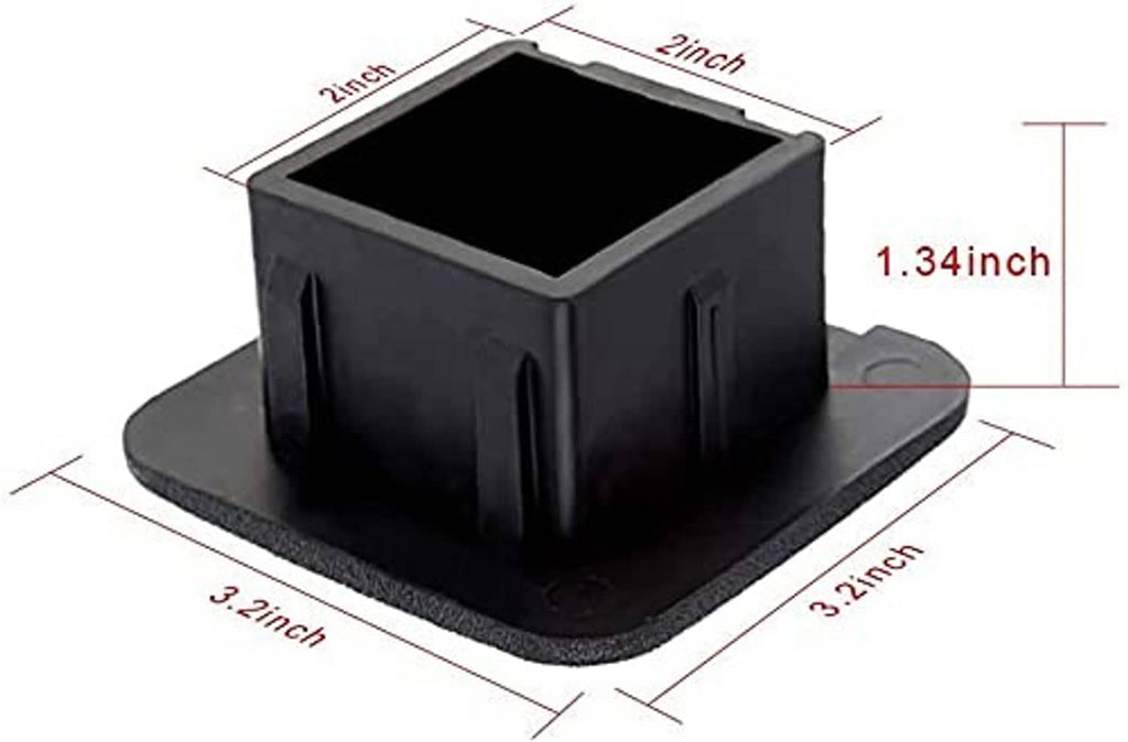Black square hitch receiver cover plug with side dimensions labeled.