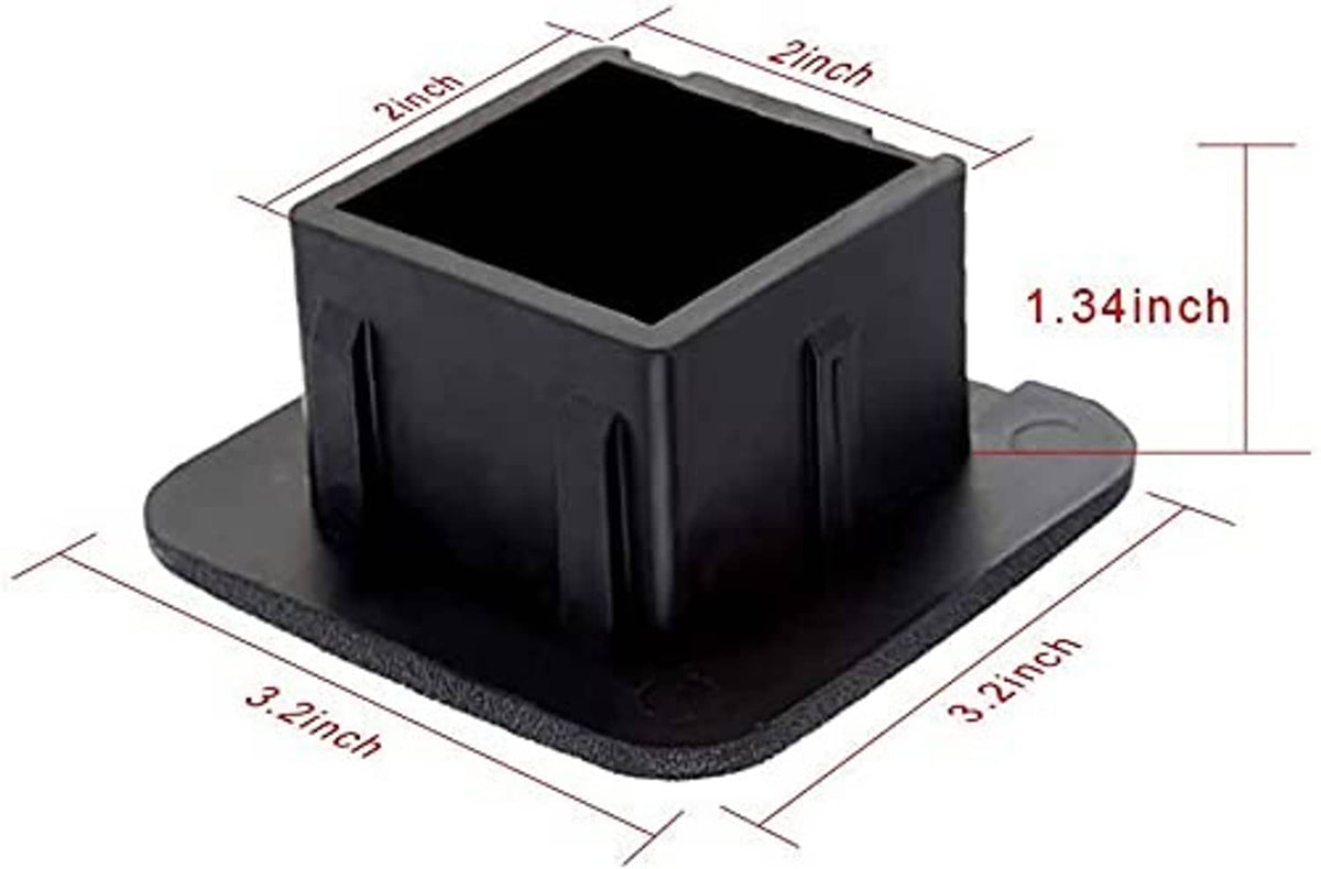 Black square hitch receiver cover plug with side dimensions labeled.