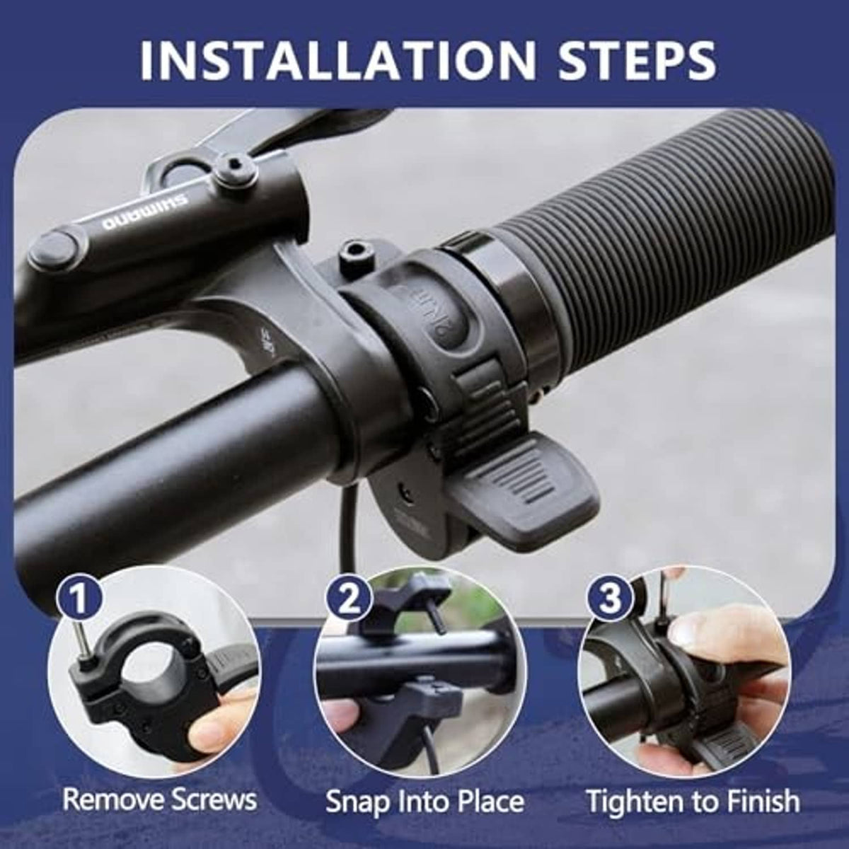 Black thumb throttle mounted on bicycle handlebar with clamp and cable
