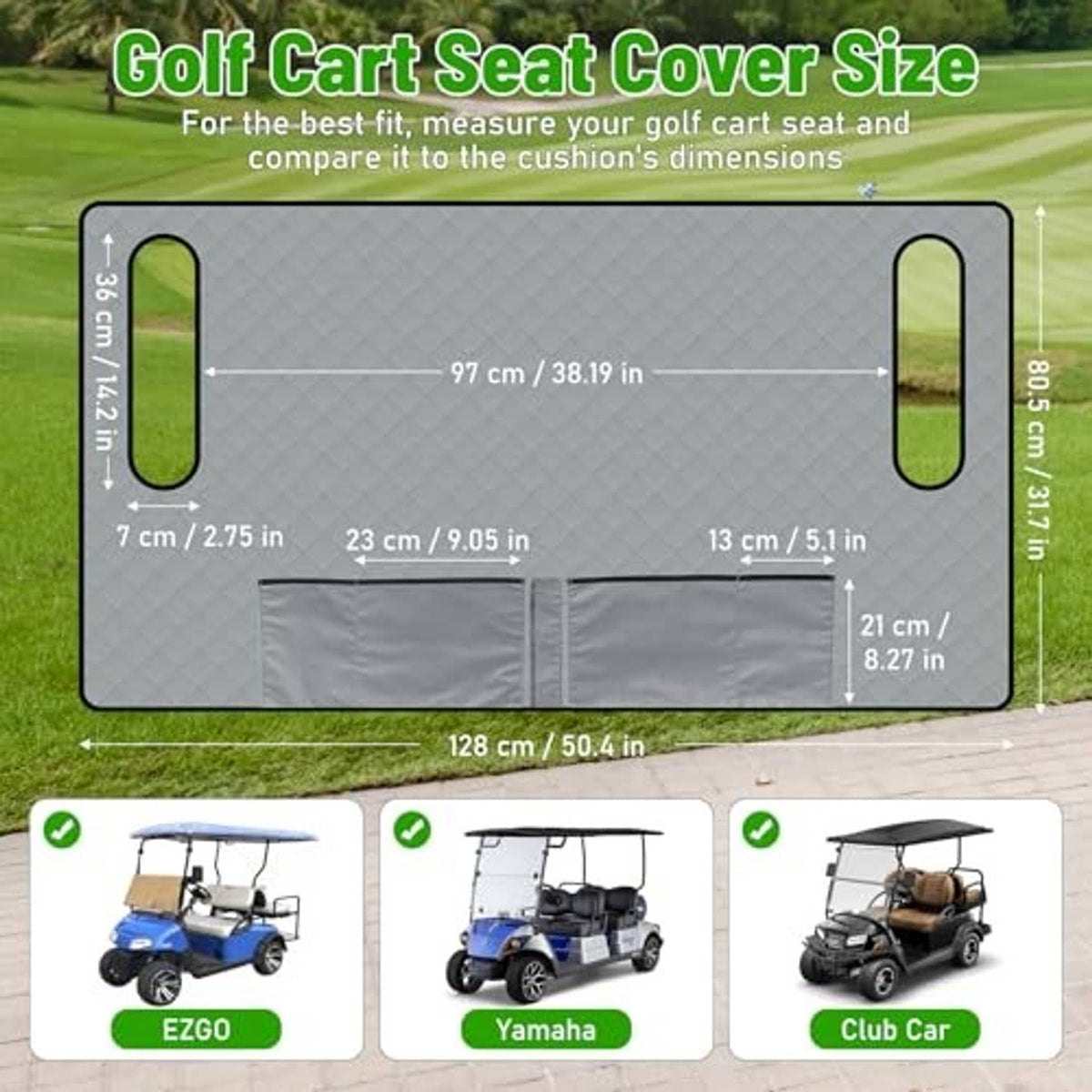 Grey seat cover blanket layout with pocket panels and front opening cutouts