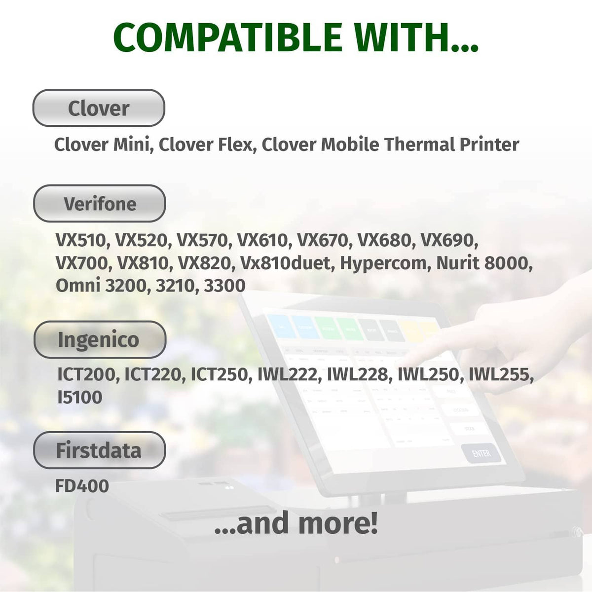 Thermal paper roll compatibility graphic with printer brand sections and model list