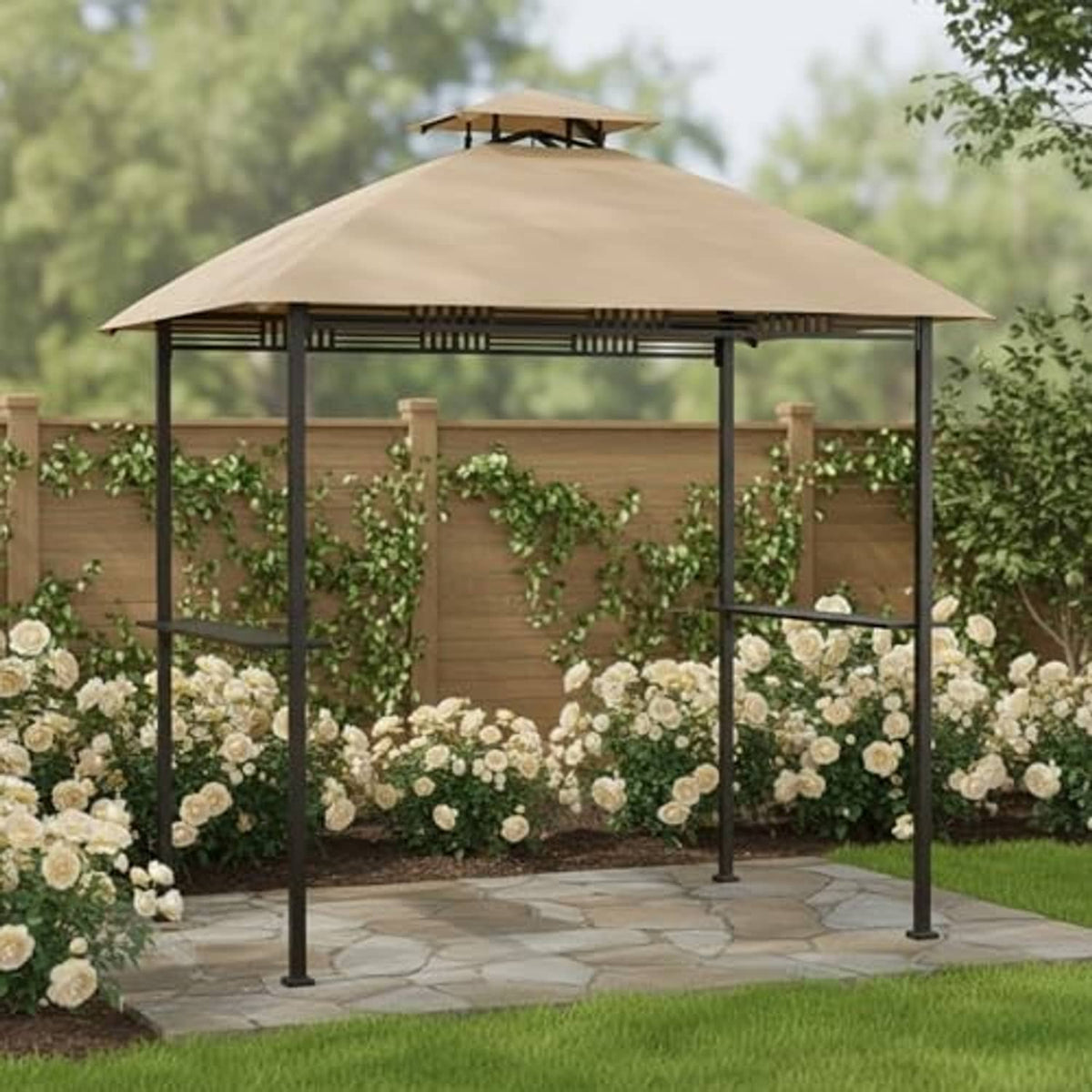 Replacement grill canopy top with tan fabric roof and black posts for outdoor use