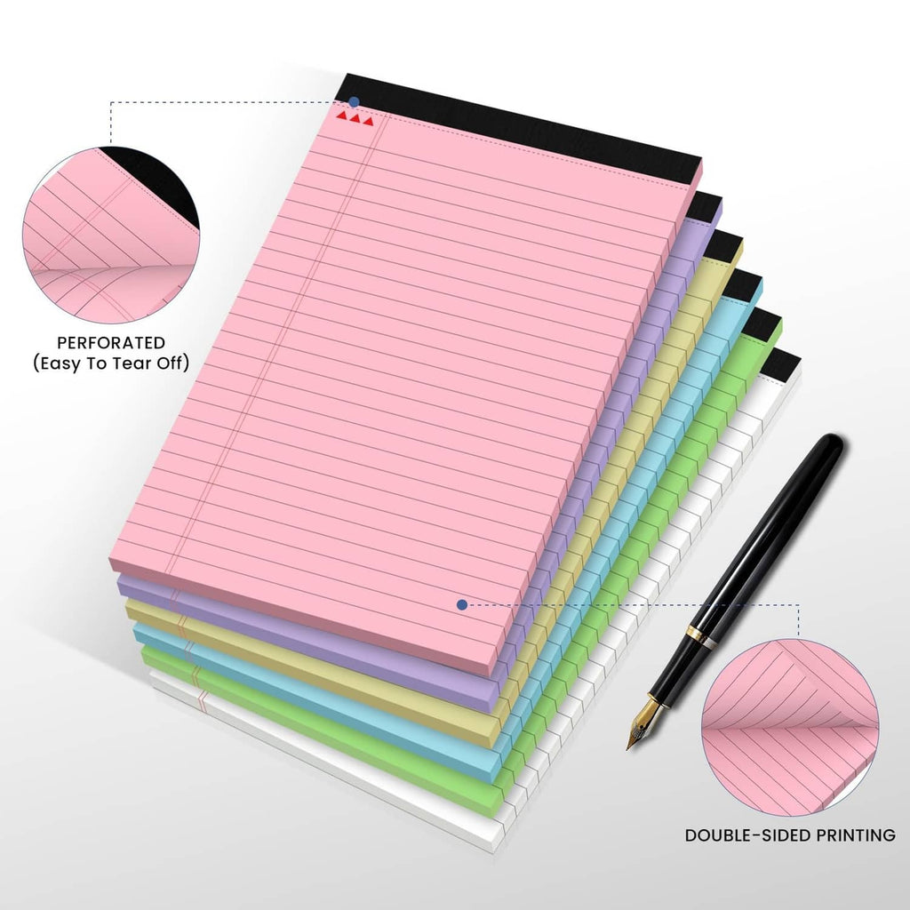 Colored small note pads with perforated pages, stacked in pink, lavender, blue, and green