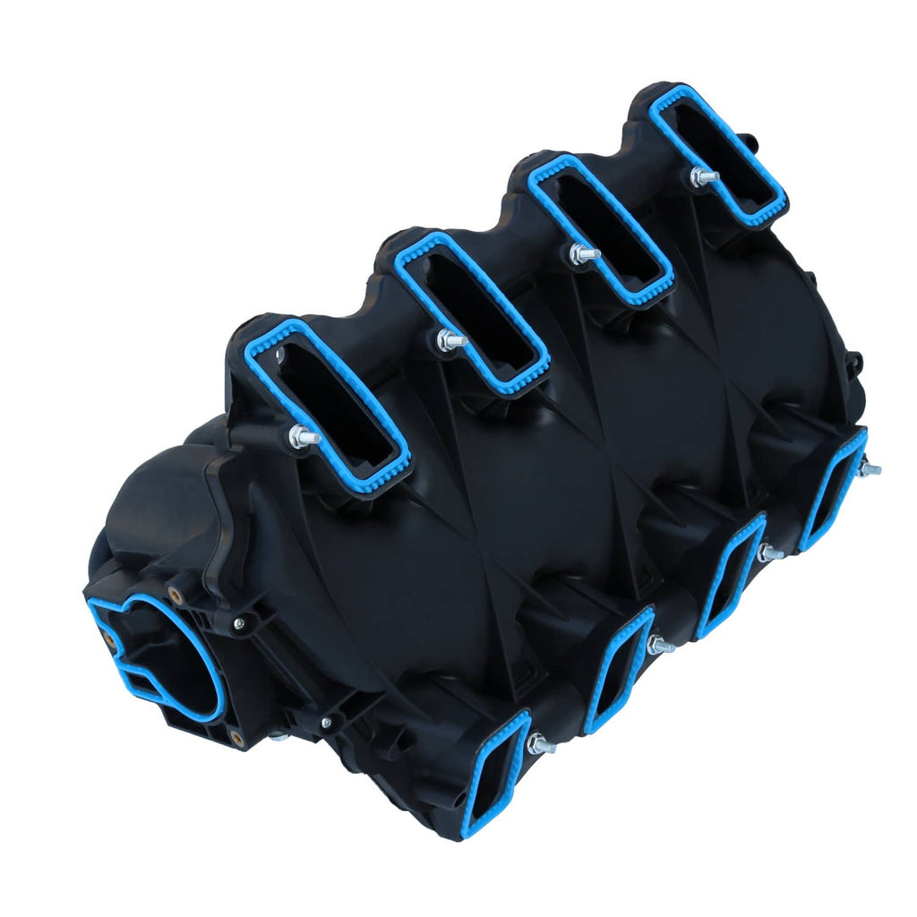 Intake manifold angled front view with four blue-bordered inlet ports on black housing