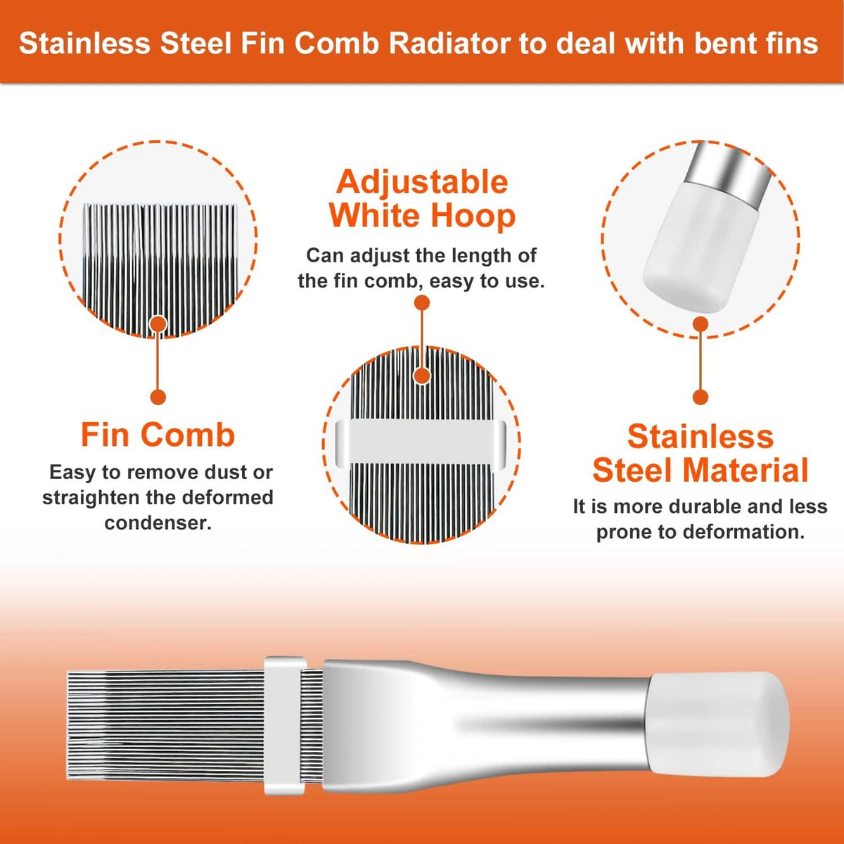 Stainless metal fin comb tool with adjustable white hoop for straightening bent fins.
