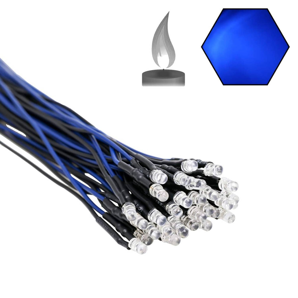 Blue 3mm flicker LED diodes on black wire bundle with clear bulb tips