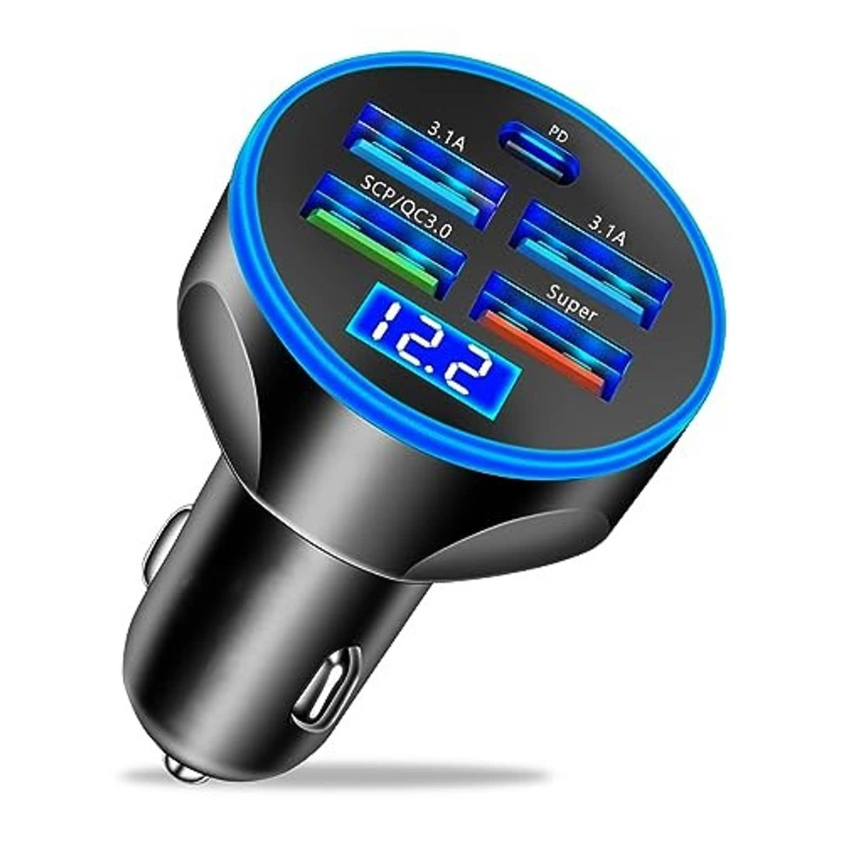 Black car charger with LED voltmeter display and four USB and Type-C ports