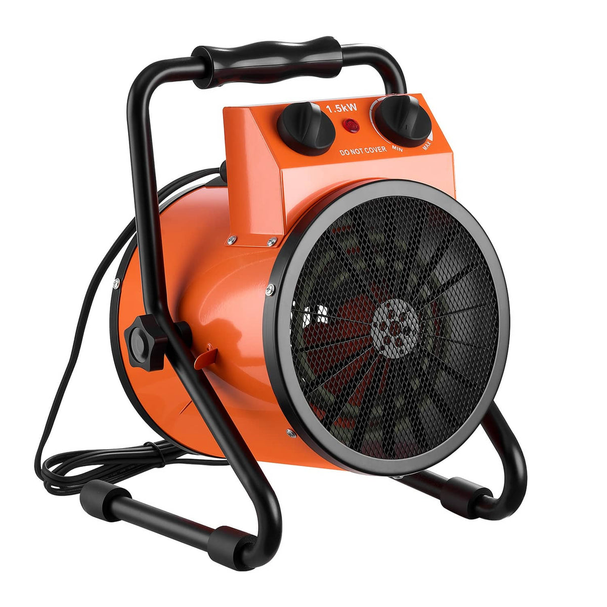 Orange electric greenhouse heater with fan grille, black frame, and two top control knobs