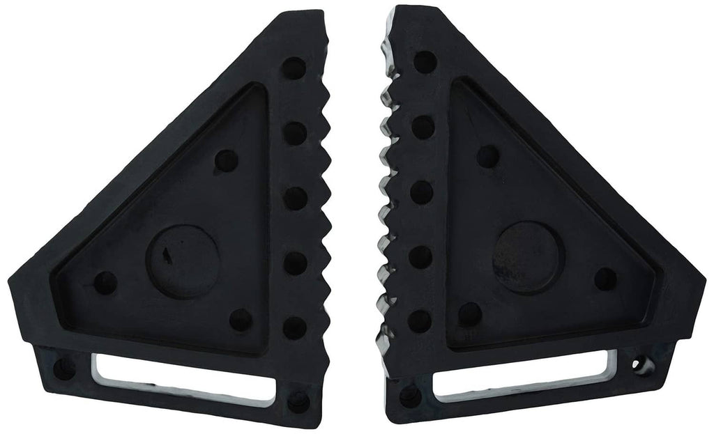 Two black triangular wheel chocks with circular grips and side grip cutouts