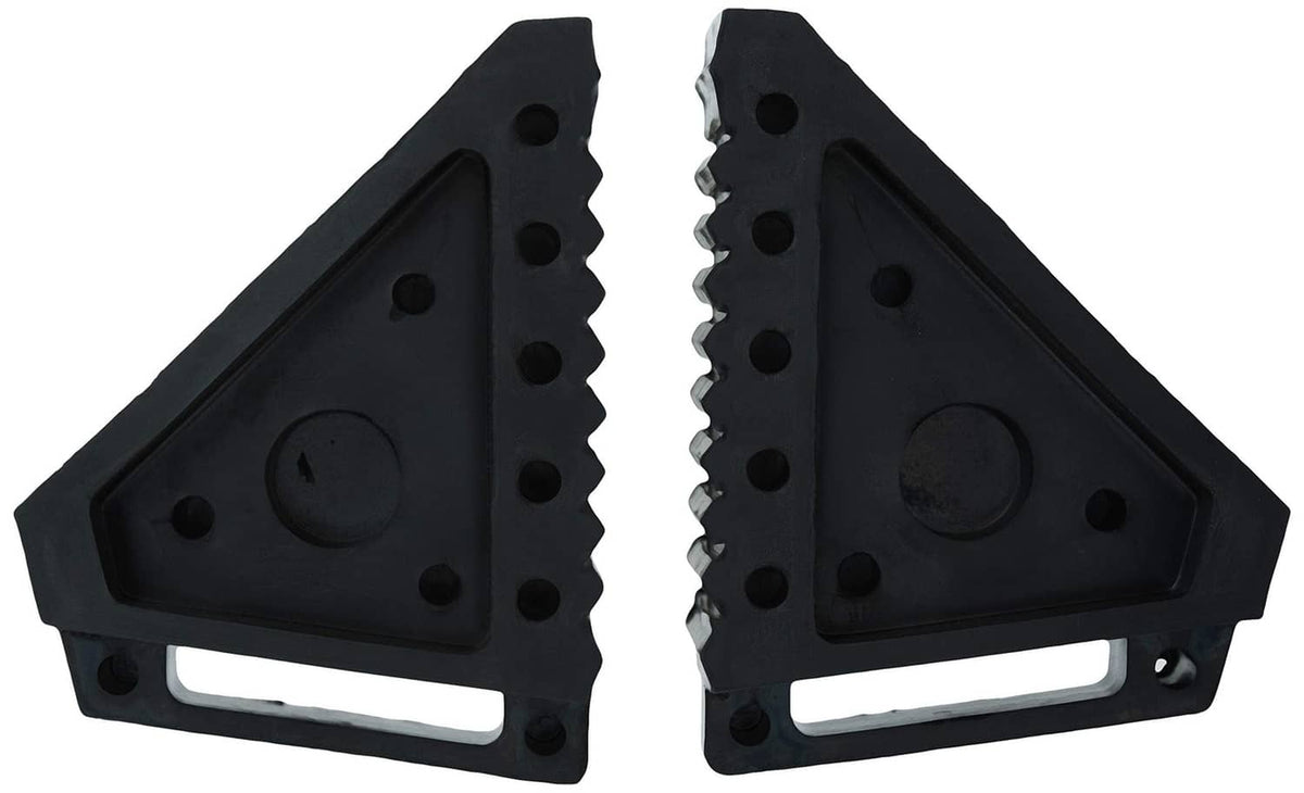 Two black triangular wheel chocks with circular grips and side grip cutouts