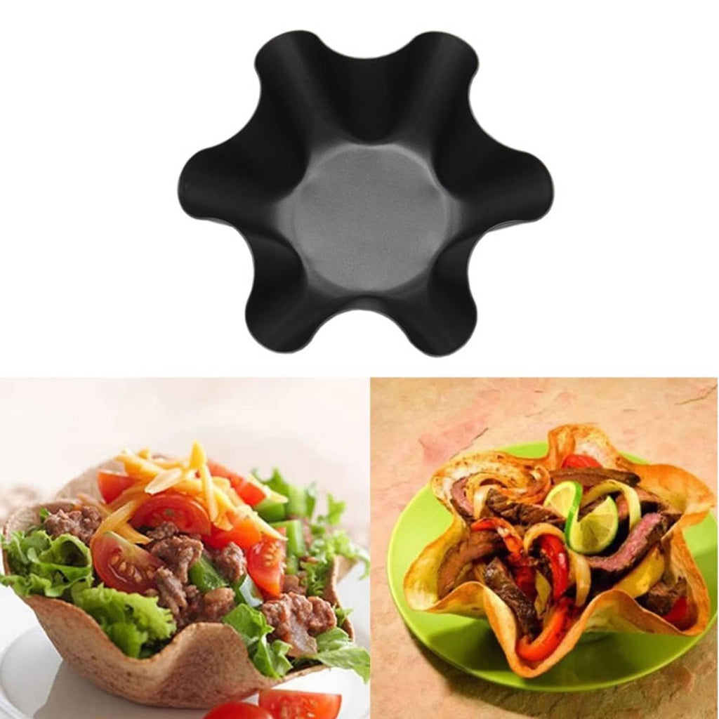 Black nonstick taco bowl mold with two taco salad serving examples