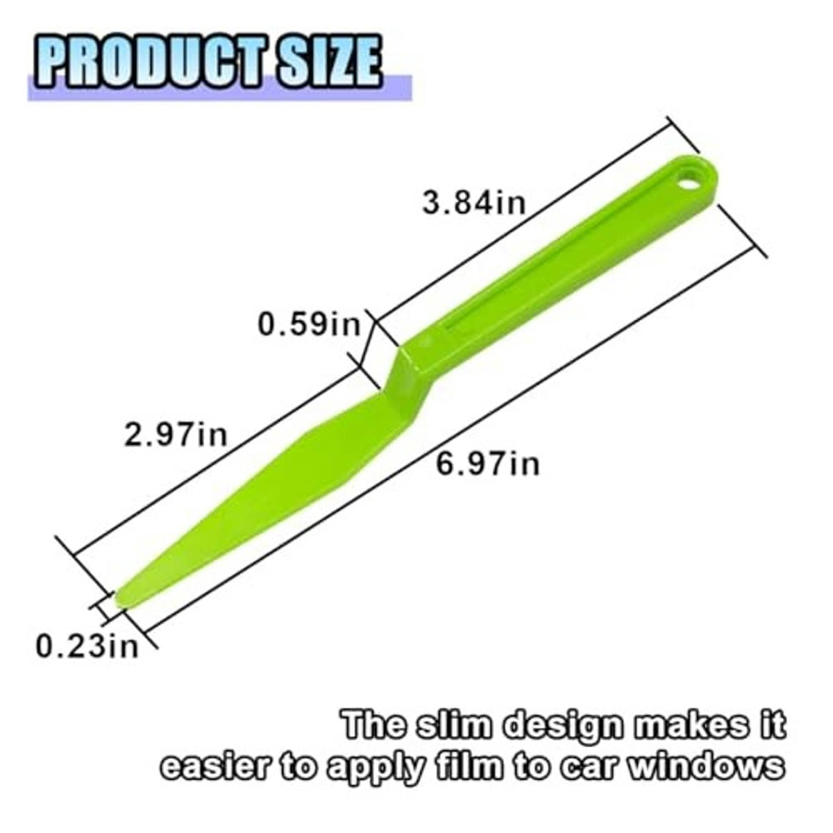 Bright green slim vinyl squeegee tool with hanging hole; size markings shown