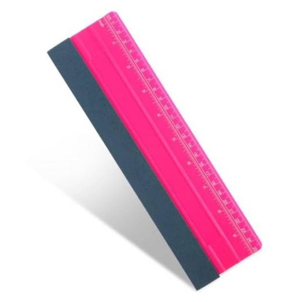 Pink vinyl squeegee with dark felt edge and measurement scale, 10-inch wrap tool