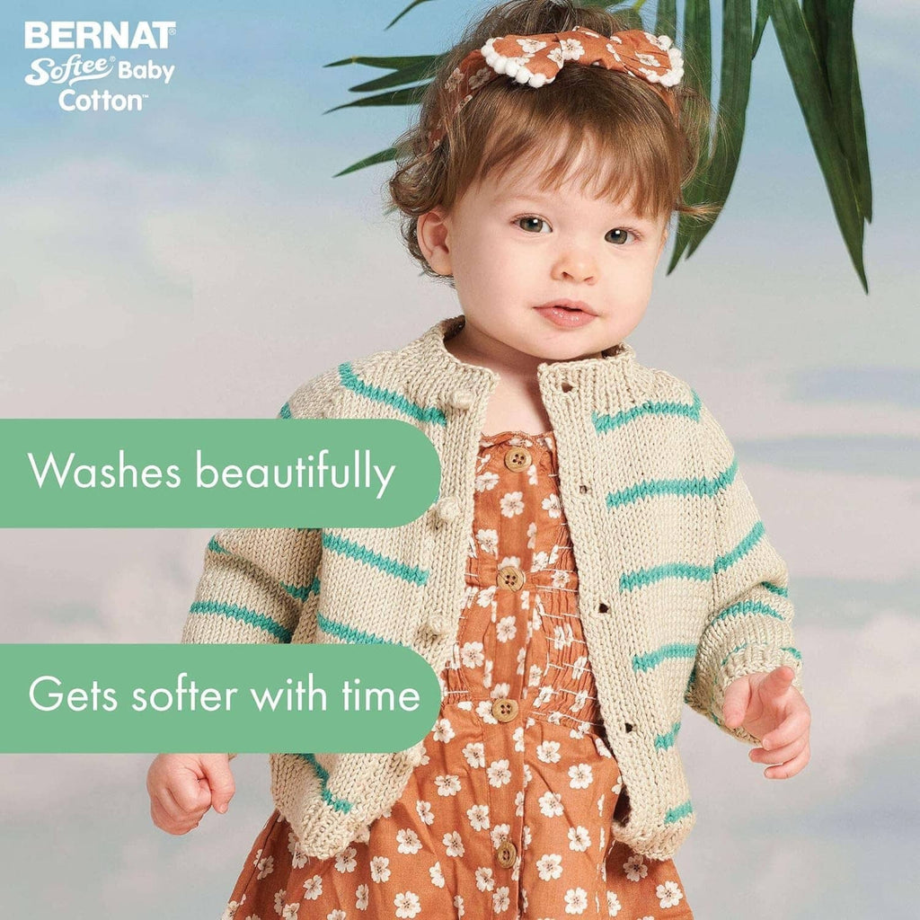 Cream knit baby cardigan with mint green stripe detailing at sleeves and front