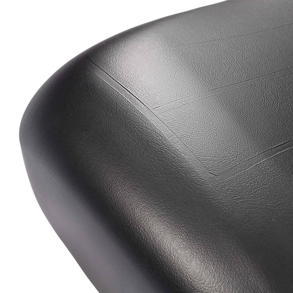 Black golf cart cushion corner close-up showing textured vinyl and seam stitching
