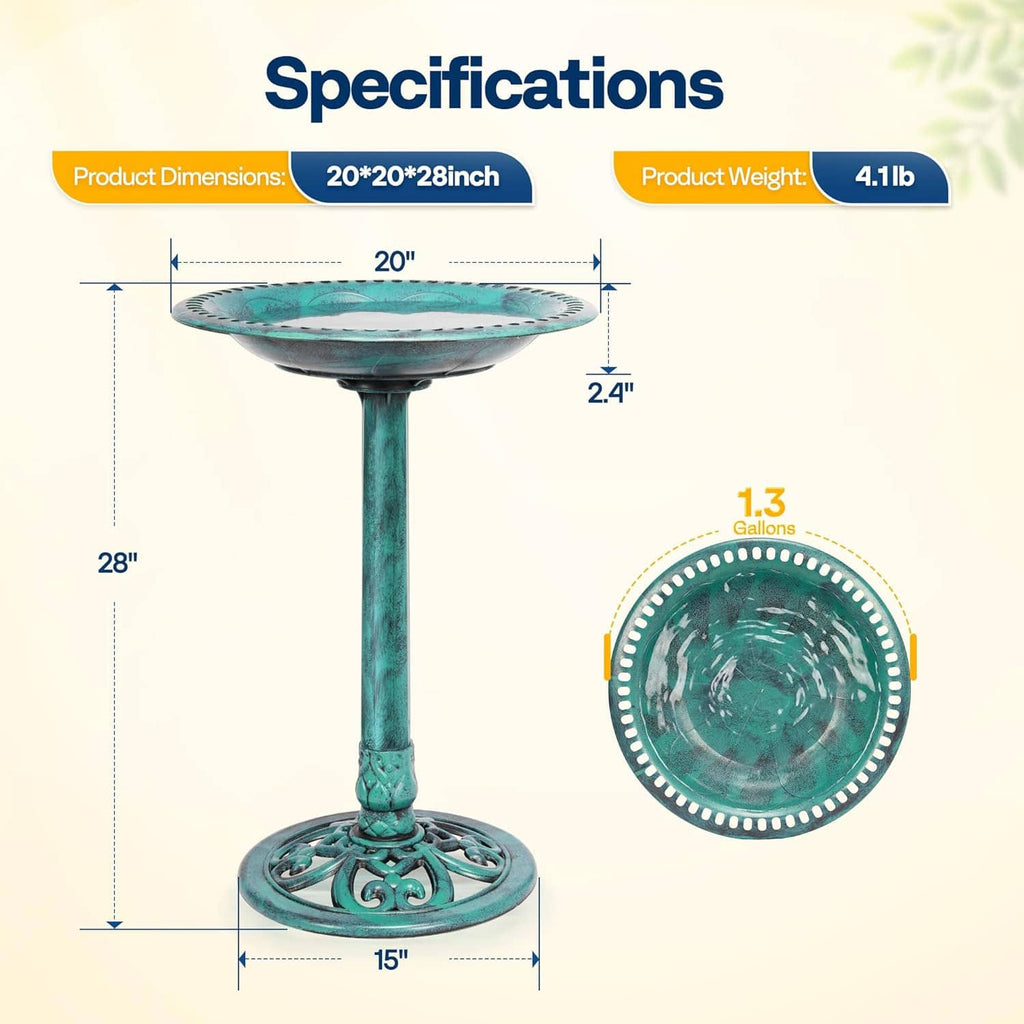 Turquoise outdoor bird bath with pedestal stand, illustrated with basin and base measurements