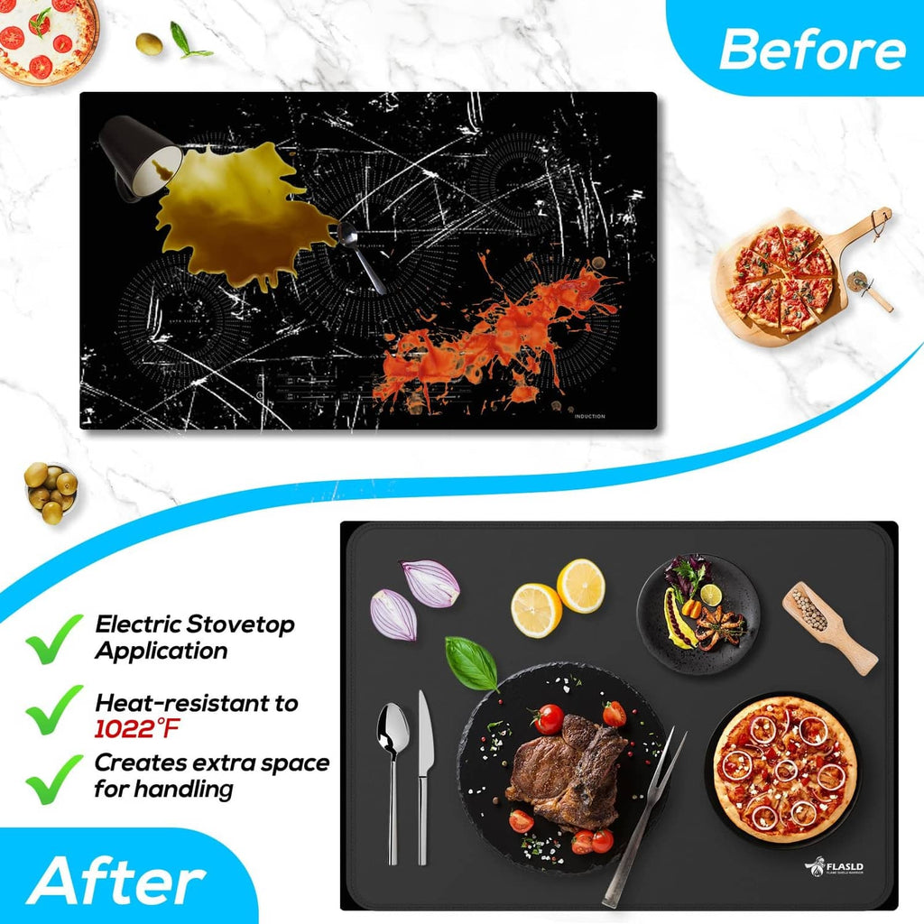 Black stove top cover protecting cooktop from grease and splatters