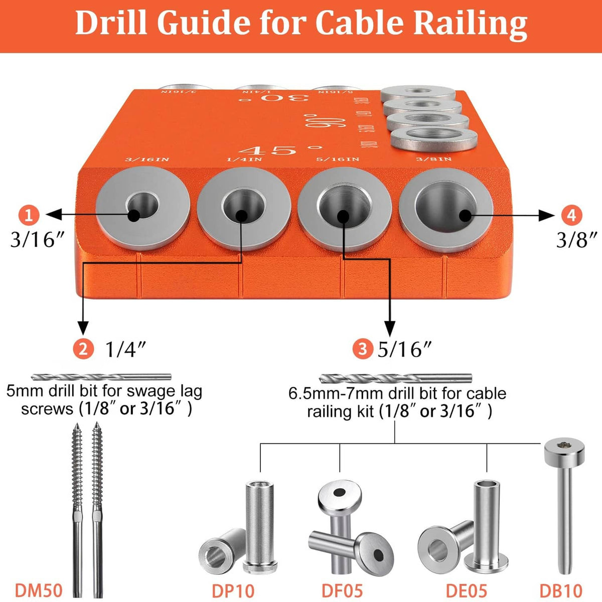 Orange drill guide jig with four circular guide discs for drilling hole sizes