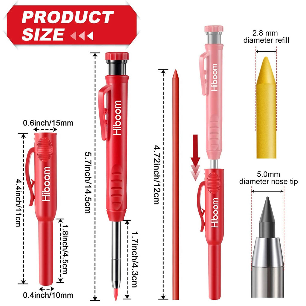 Carpenter pencil with long point and refill, red body and metal tip