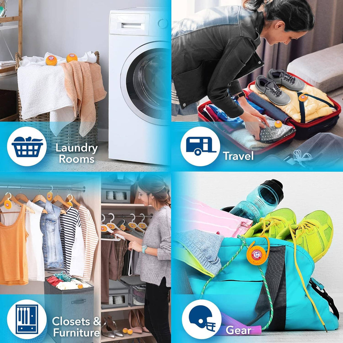 Orange odor eliminator balls shown in laundry room, travel, closets, and gear uses
