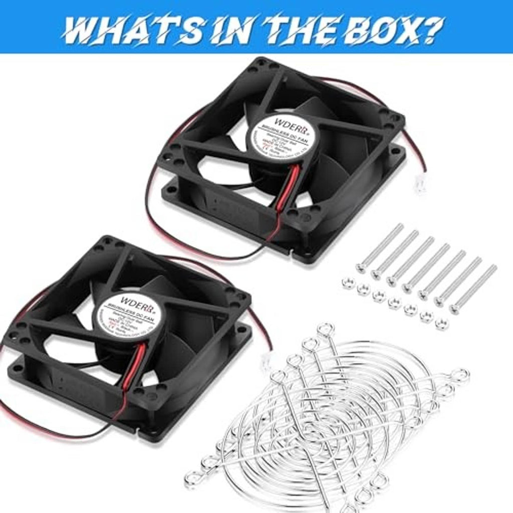 Dual DC brushless fan kit with wiring cable, screws, and mounting hardware