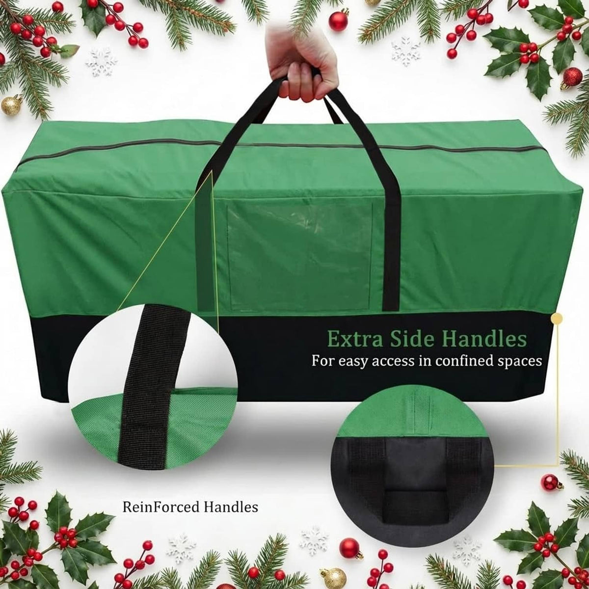 Green Christmas tree storage bag with extra side handles and reinforced strap