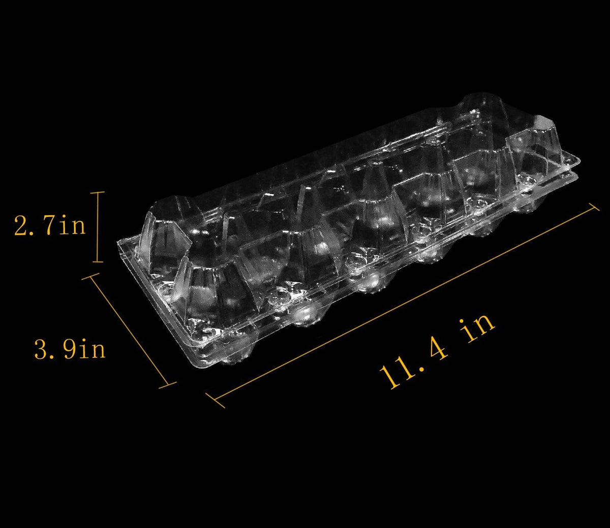 Transparent plastic egg tray, with size markings 11.4 in long