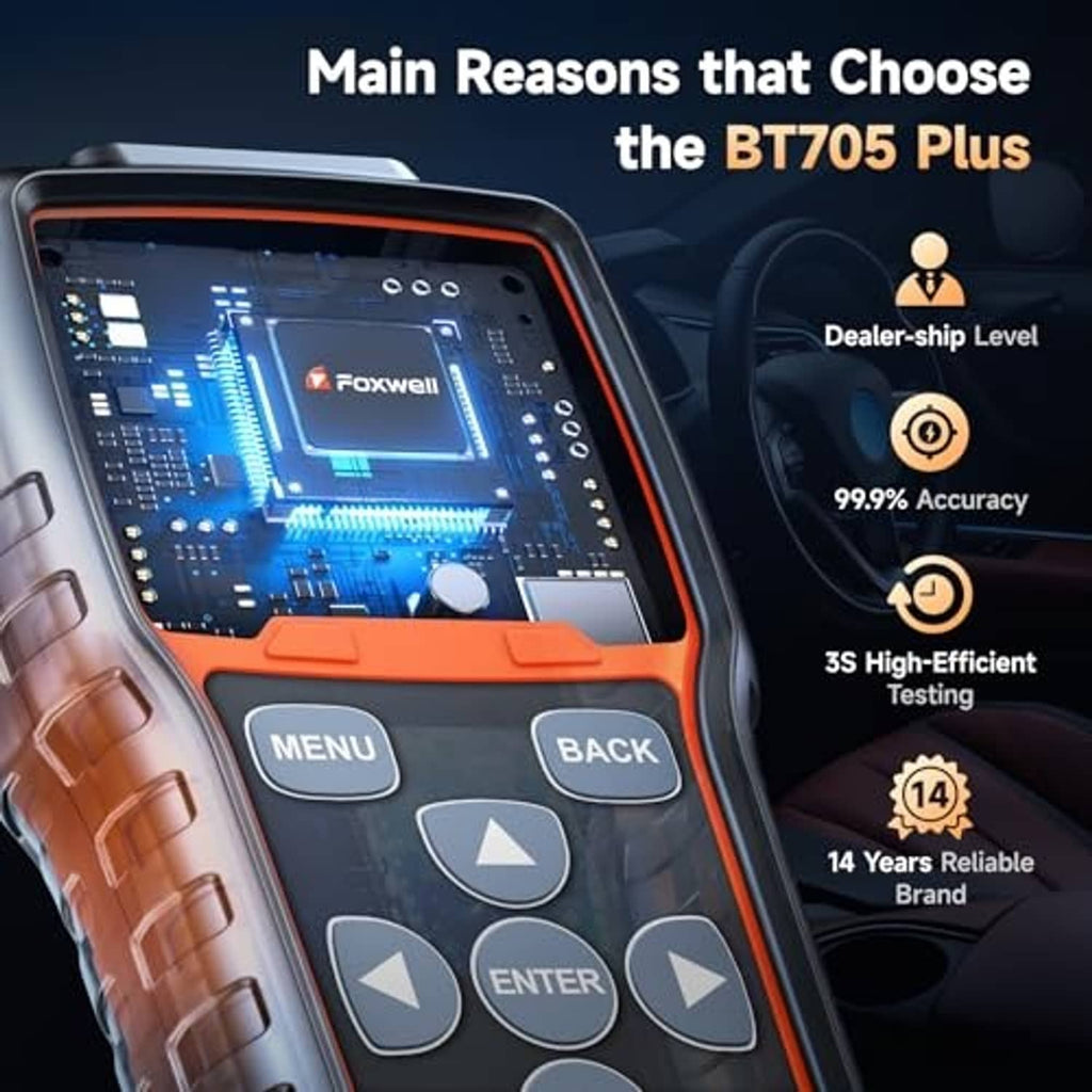 Car battery tester with circuit board view inside, orange-trim handheld body