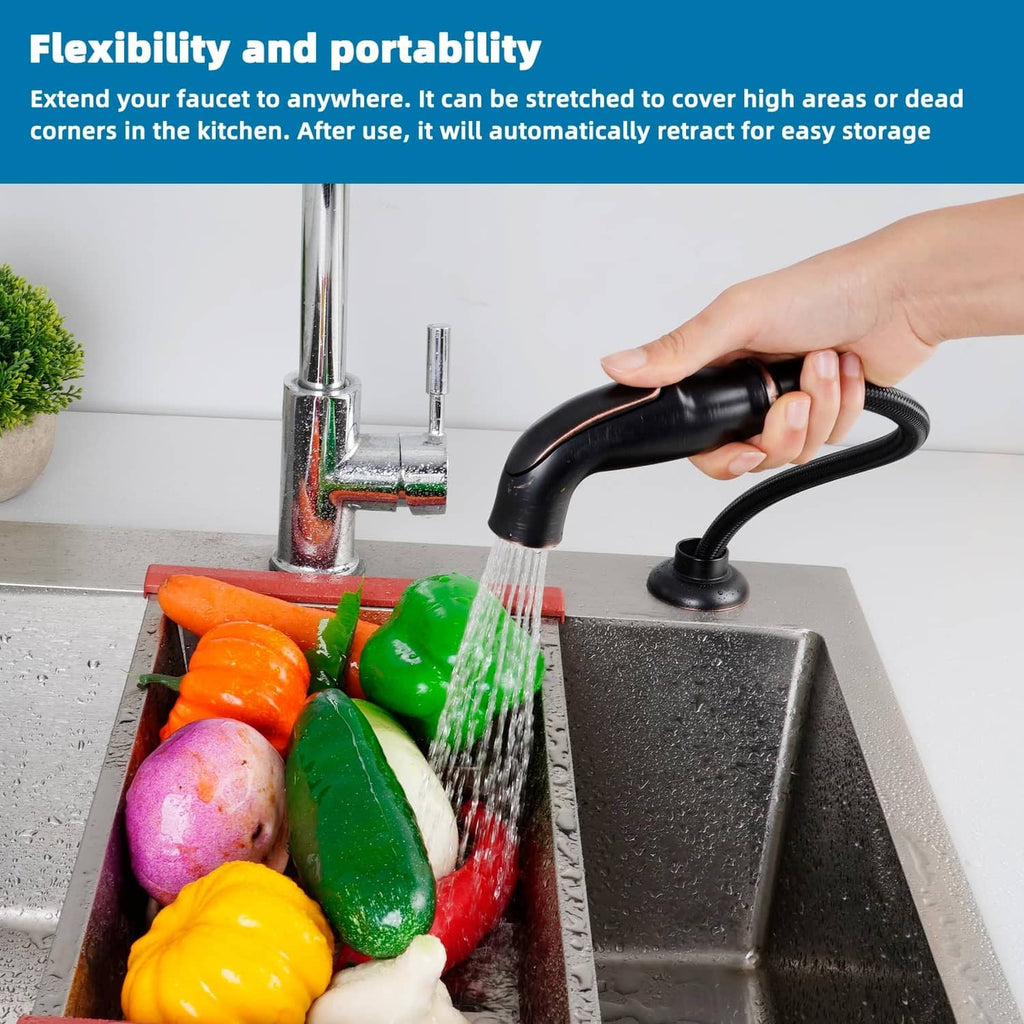 Universal kitchen sink side sprayer with black hand trigger over sink
