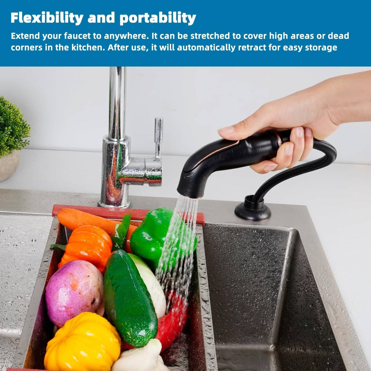 Universal kitchen sink side sprayer with black hand trigger over sink