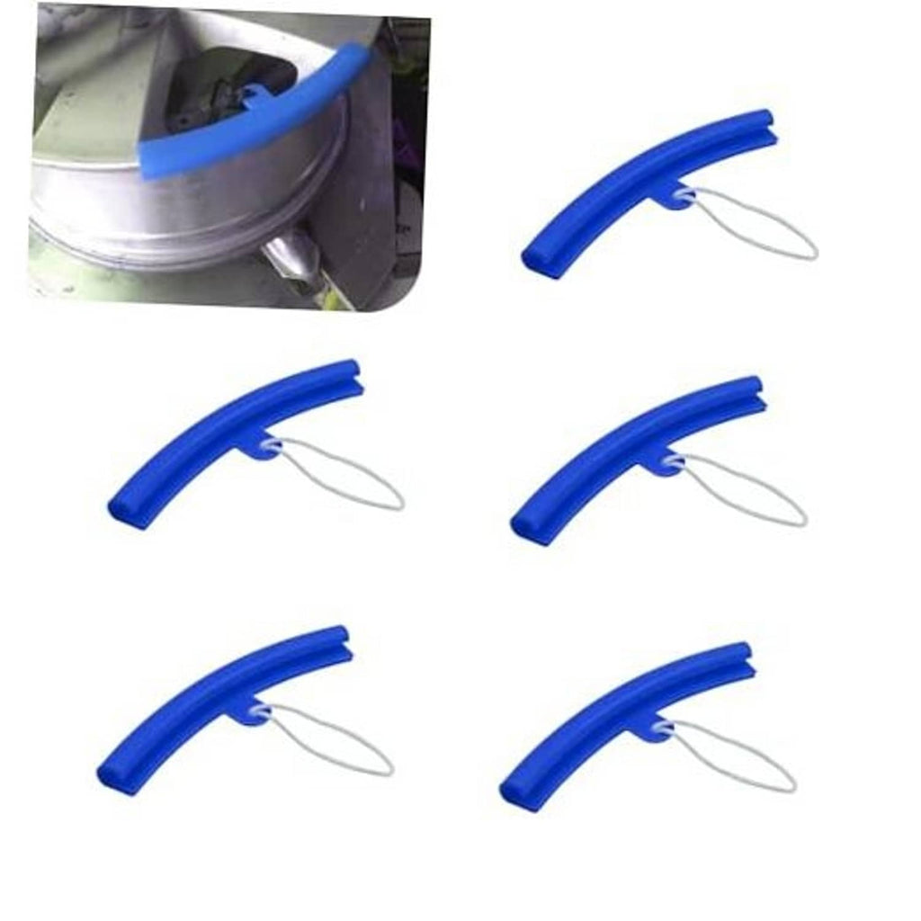 Blue tire rim protector set with five curved guards and attached pull ropes