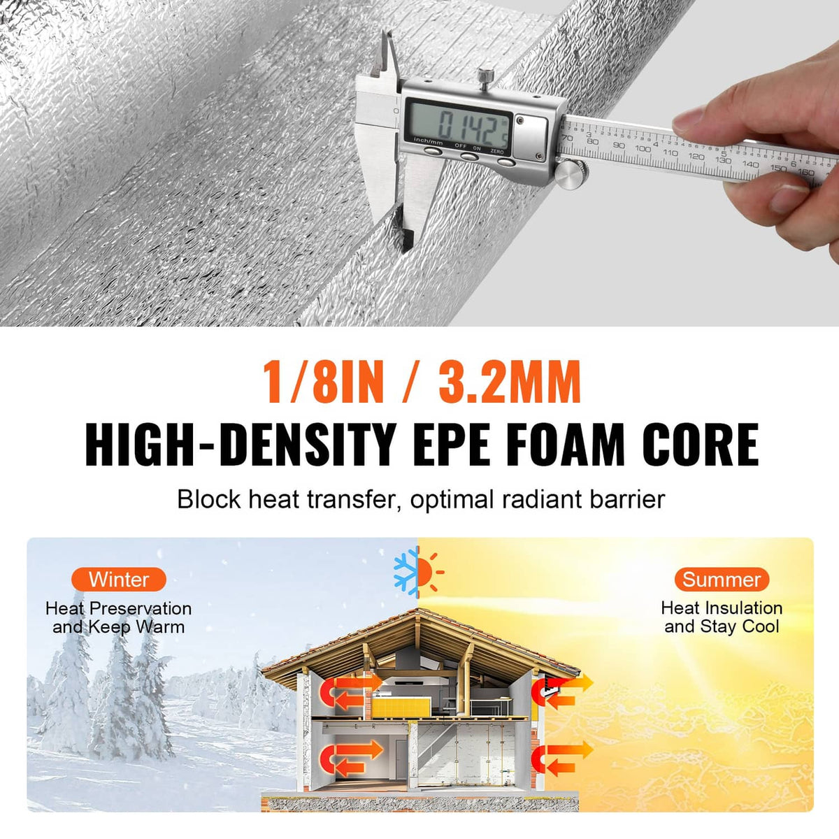 Radiant barrier foam insulation roll measured with calipers for 3.2 mm thickness