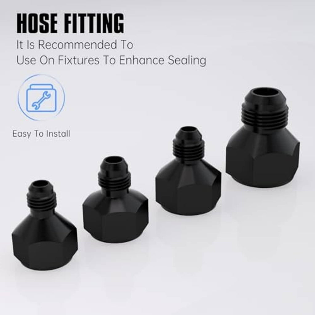Set of black AN hose fitting adapters with flared male threads, hex body