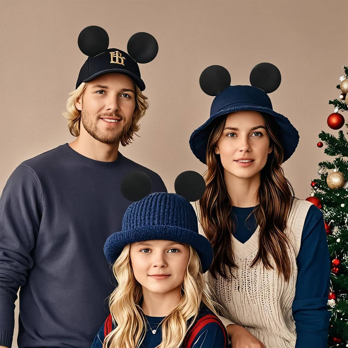 Three people wearing black plush mouse-ear hat toppers on caps, beanie, and knit hat.