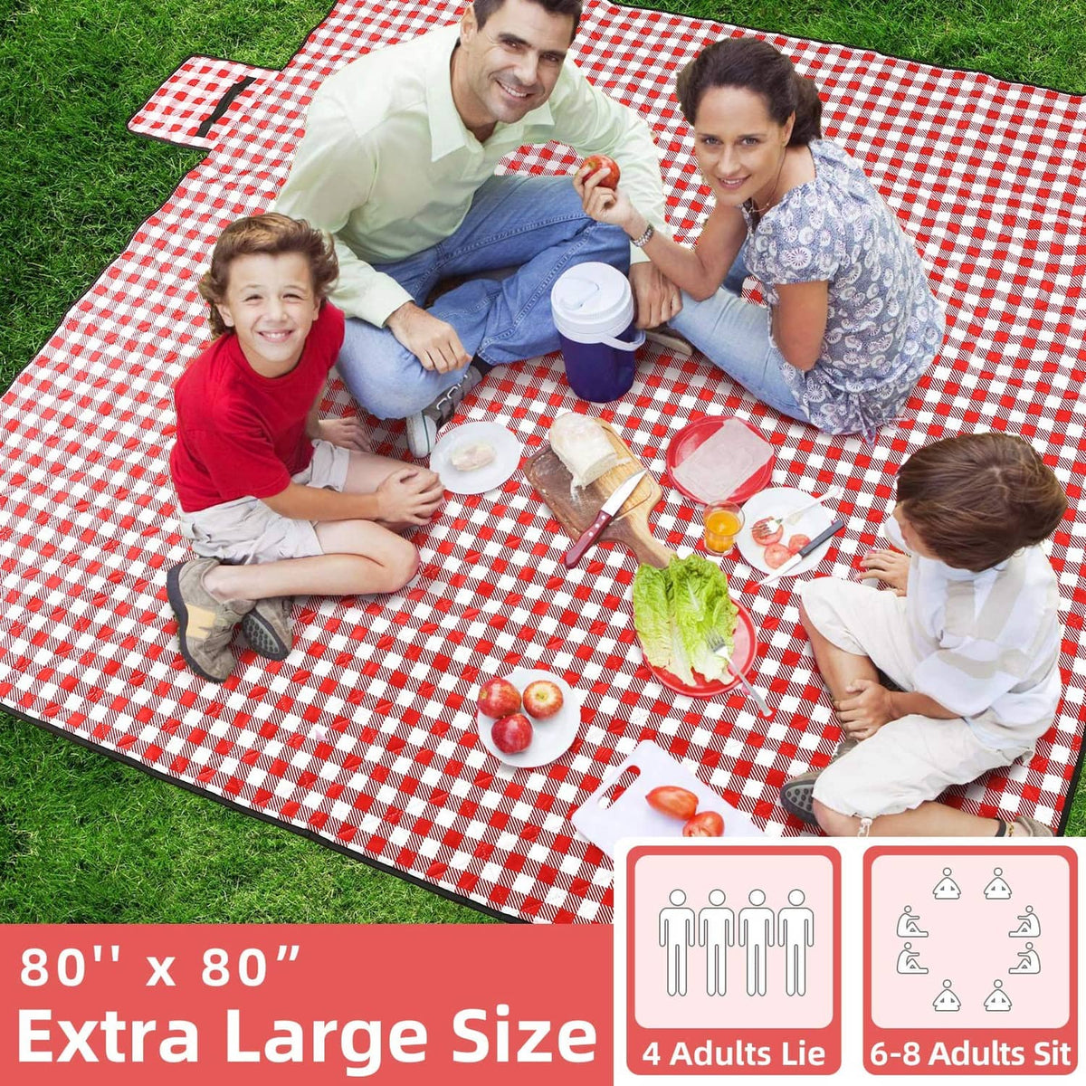 Red and white checkered picnic blanket spread on grass, extra large