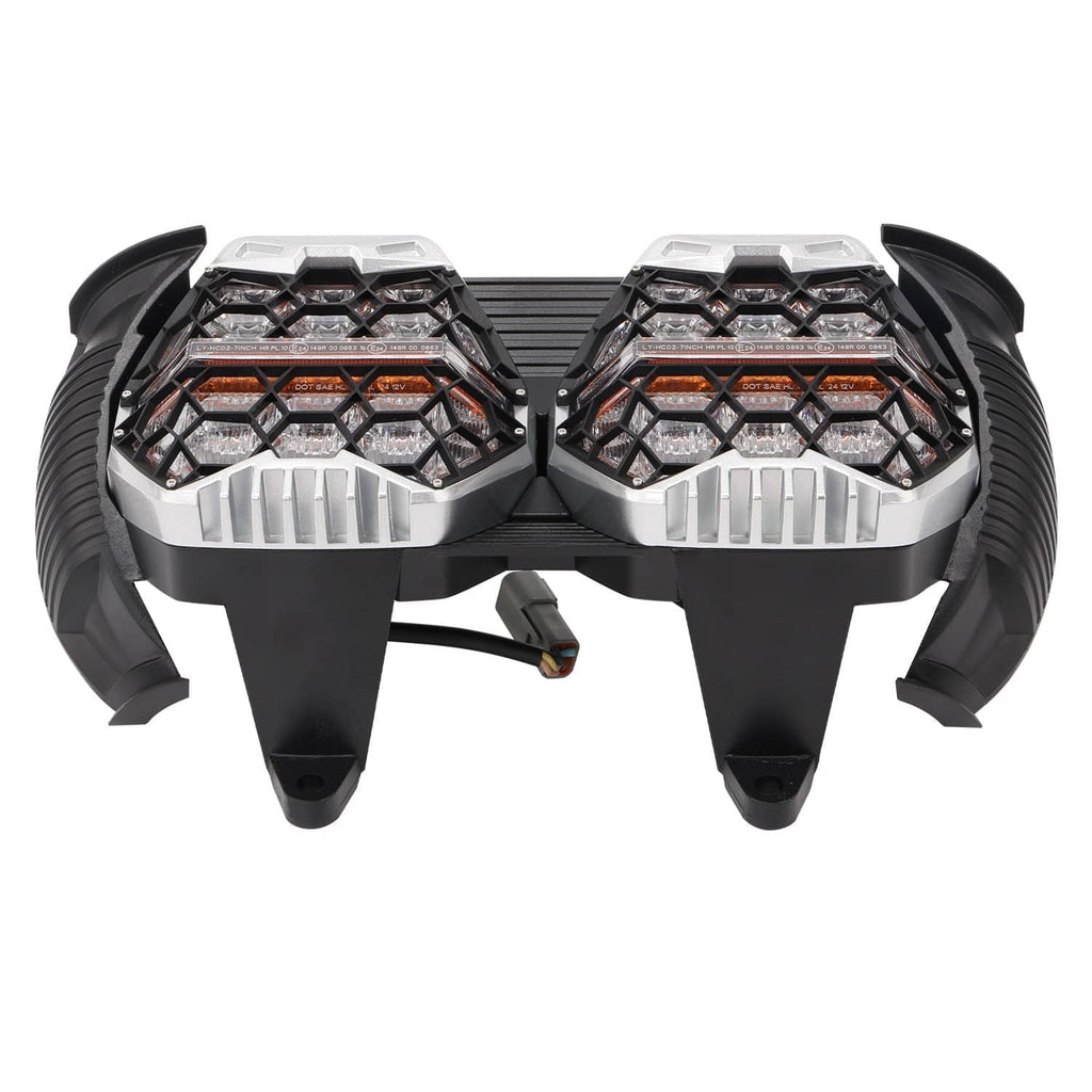 Dual LED projector headlight pair front view with hex lens panels and black mounts