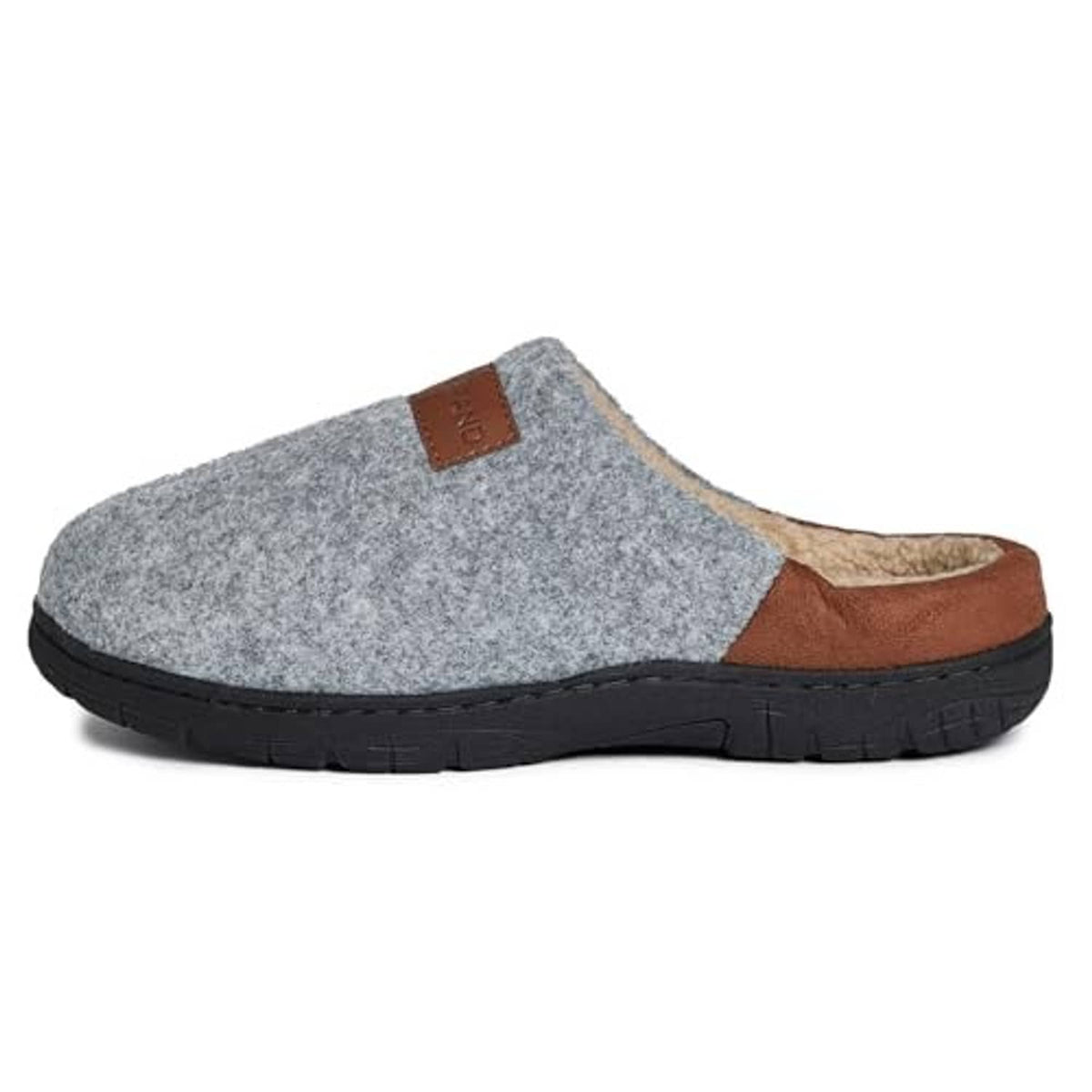 Light grey fleece clog slippers with brown upper and side patch, black textured sole