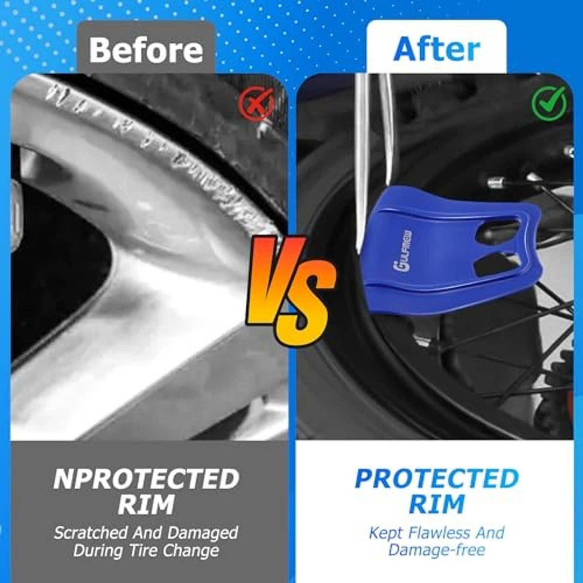 Blue rim protectors and silver tire irons helping prevent rim damage during tire change