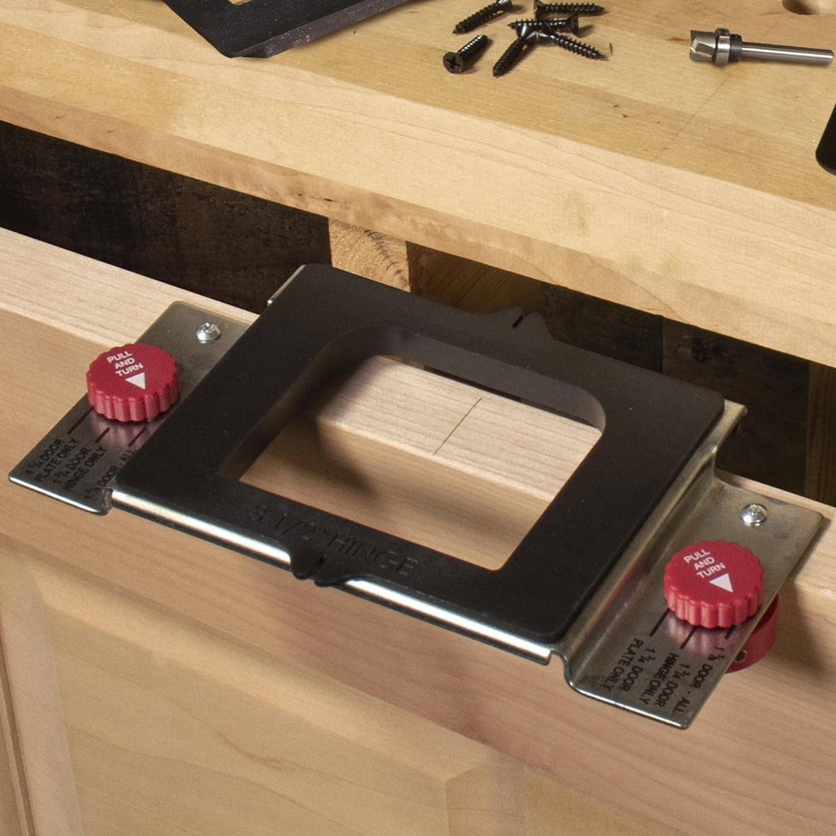 Hinge mortise tool base with black frame, depth knobs, and mounting guide plates