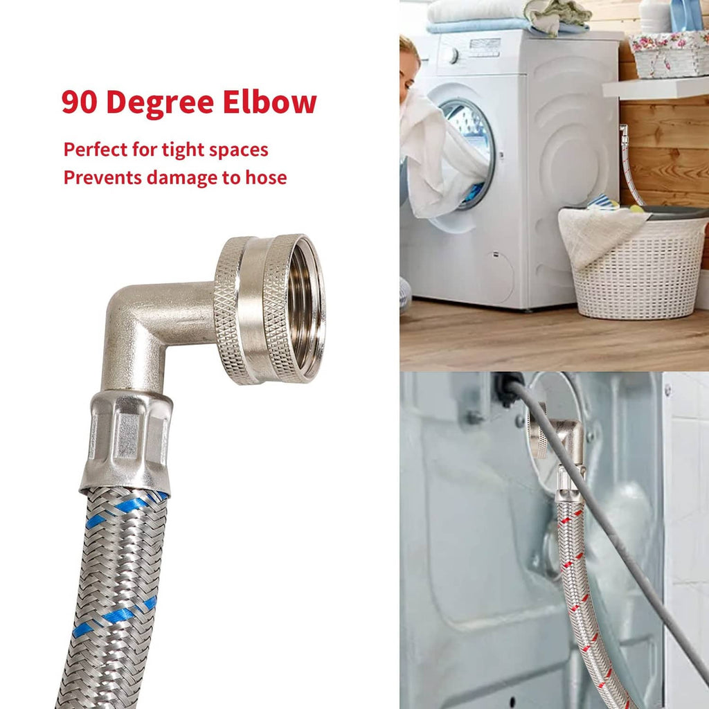 90-degree stainless elbow connector for braided washing machine hose, red/blue end fittings