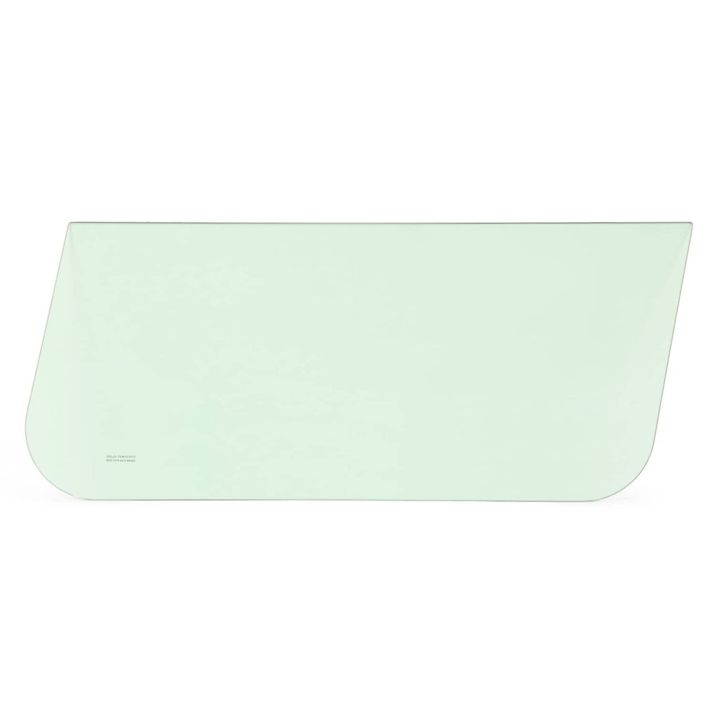 Tinted side glass window panel, curved corners, light green tint
