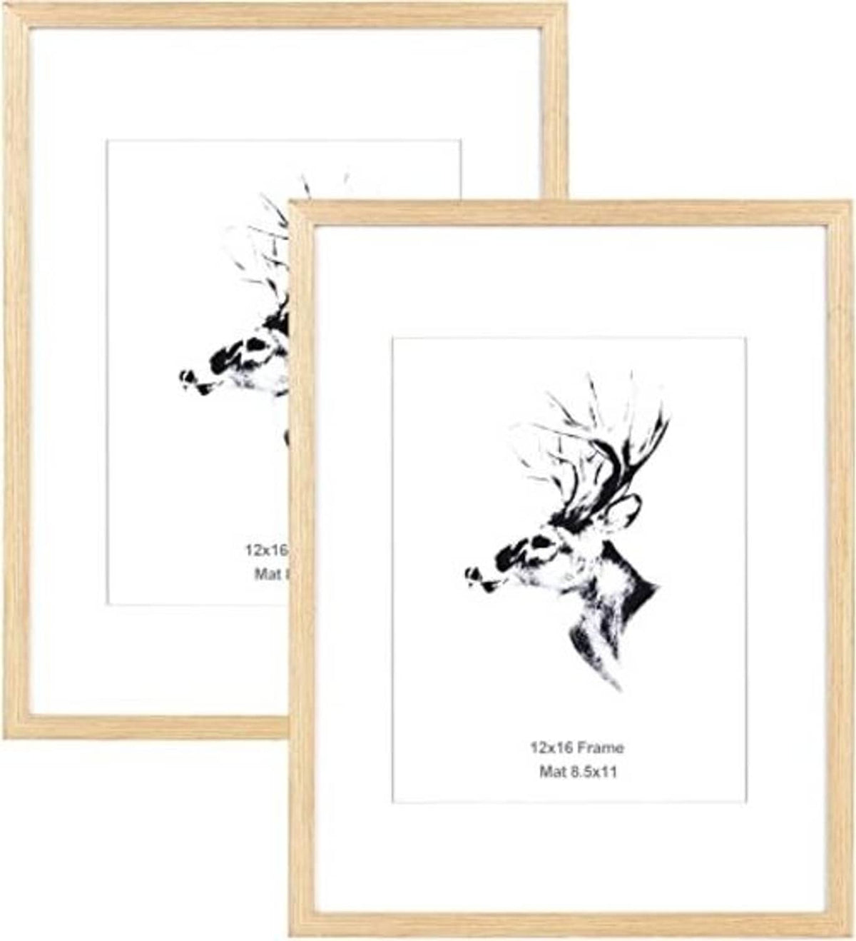 Light oak picture frame set with white mats and black deer photo prints, 2-pack